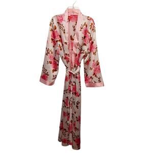 Vintage Rose Satin Robe Sz 2 Pink Silky Floral Kimono Bridal Coquette Romantic